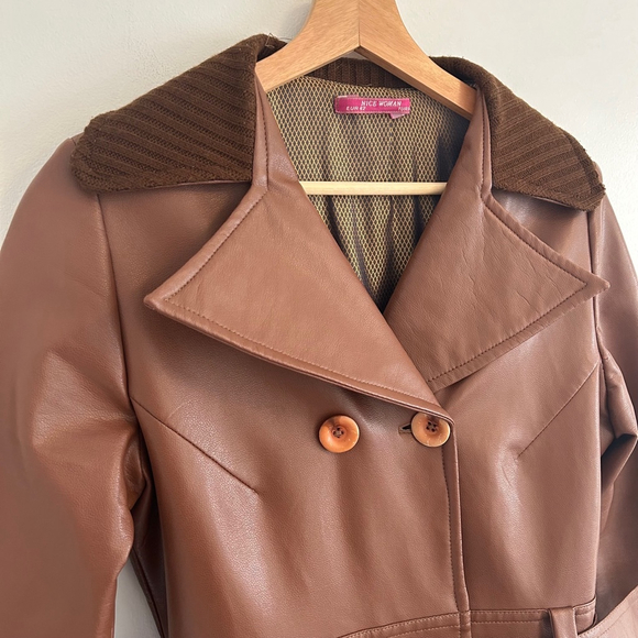 1970s Vintage Inspired Faux Leather Double Breasted Trench Coat Brown Size 2/4 - Picture 3 of 13